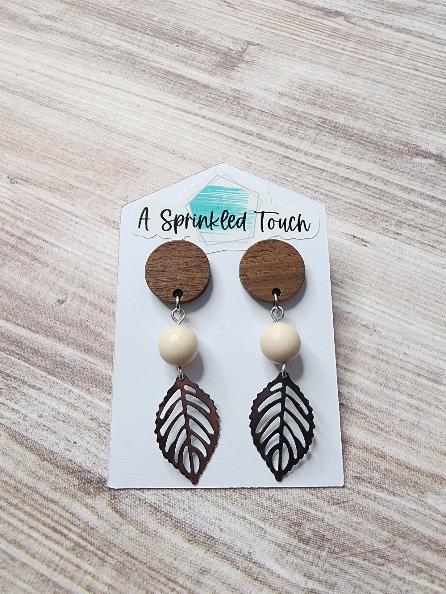 Rustic Wood, Fossil, and Leaves Earrings